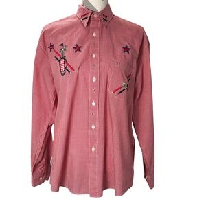 Shipshe Vintage Red Gingham Golf Embroidered  Shirt Women's Size M Long Sleeve